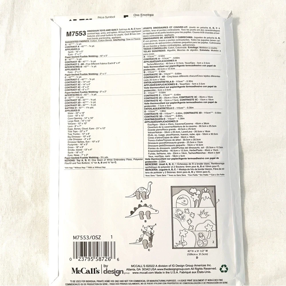 McCall’s M7553 Dinosaur Plush & Quilt Sewing Pattern | All Sizes
